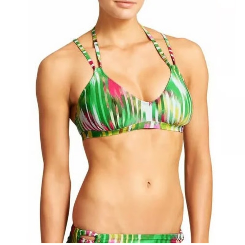 Athleta Wailea Scoop Crisscross Green Pink Striped Bikini small - Picture 2 of 9